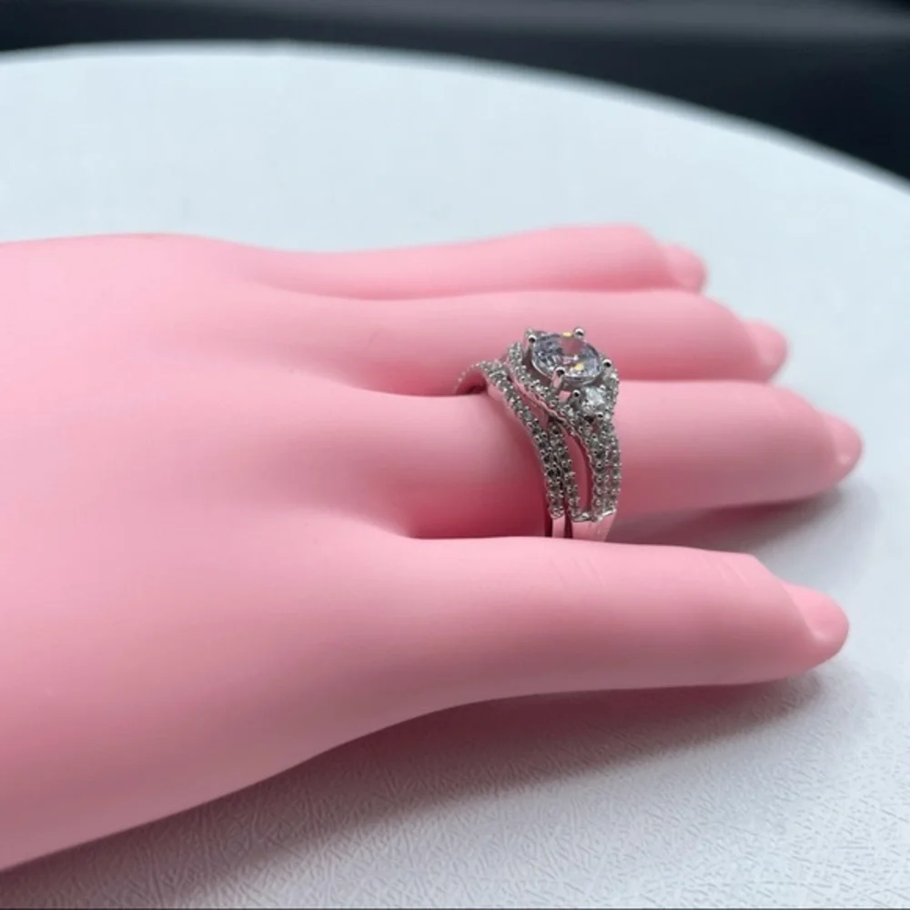 New 925 Sterling Silver CZ Diamond Bridal Wedding Ring Set Halo 2 Band